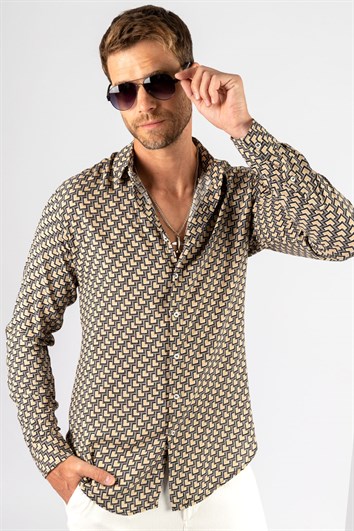 Slim Fit Uzun Kollu Yazlık Baskılı Vıskon Erkek Gömlek
