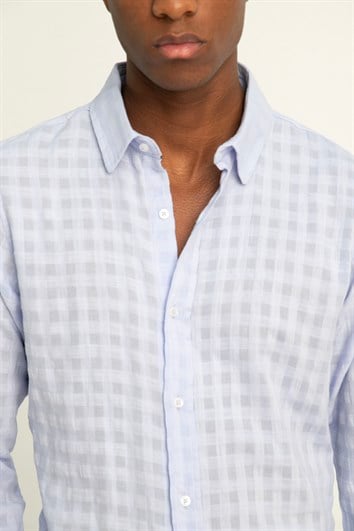 Slim Fit Uzun Kollu Dar Kalıp Pamuk Gofreli Desenli Erkek Lila Gömlek