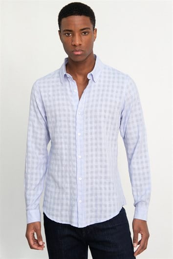 Slim Fit Uzun Kollu Dar Kalıp Pamuk Gofreli Desenli Erkek Lila Gömlek