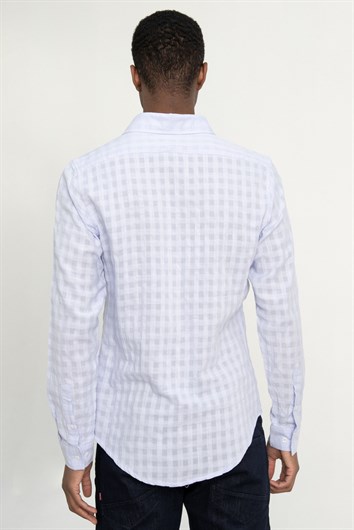 Slim Fit Uzun Kollu Dar Kalıp Pamuk Gofreli Desenli Erkek Lila Gömlek