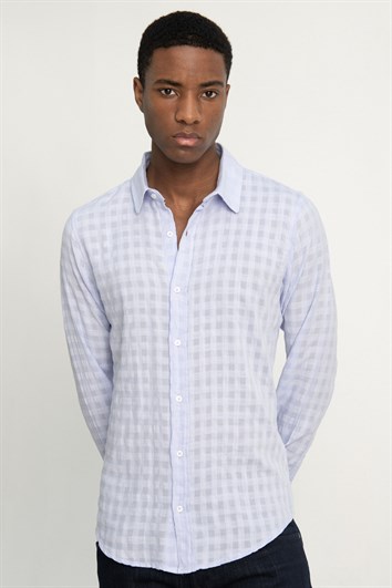 Slim Fit Uzun Kollu Dar Kalıp Pamuk Gofreli Desenli Erkek Lila Gömlek