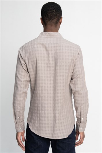 Slim Fit Uzun Kollu Dar Kalıp Pamuk Gofreli Desenli Erkek Kahve Gömlek