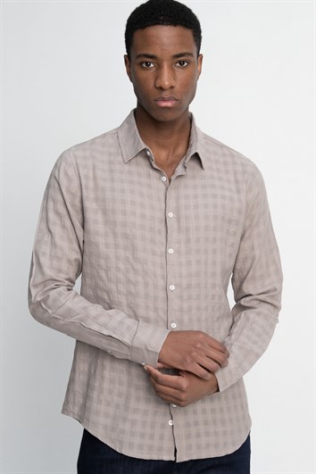 Slim Fit Uzun Kollu Dar Kalıp Pamuk Gofreli Desenli Erkek Kahve Gömlek