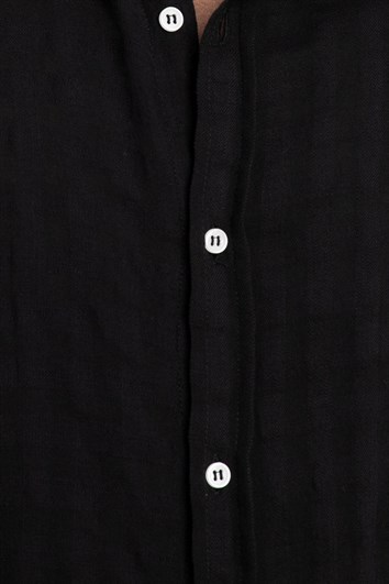 Slim Fit Uzun Kollu Dar Kalıp Pamuk Gofreli Desenli Erkek Siyah Gömlek