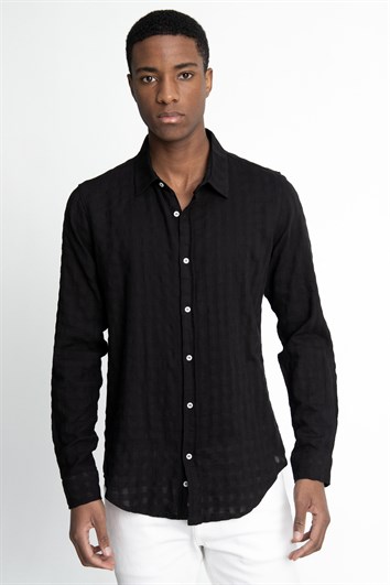 Slim Fit Uzun Kollu Dar Kalıp Pamuk Gofreli Desenli Erkek Siyah Gömlek