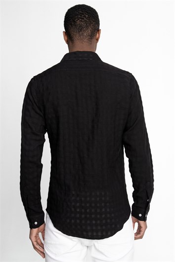 Slim Fit Uzun Kollu Dar Kalıp Pamuk Gofreli Desenli Erkek Siyah Gömlek