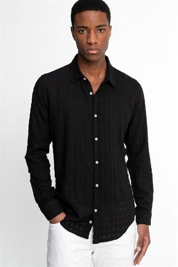 Slim Fit Uzun Kollu Dar Kalıp Pamuk Gofreli Desenli Erkek Siyah Gömlek