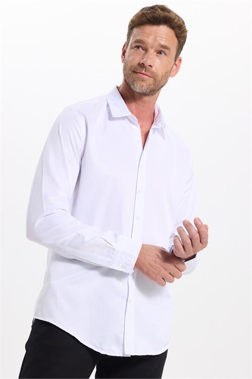 Slim Fit Kolay Ütülenebilir Ter Konforu Sağlayan Kravatlık Yaka Dört Mevsim Beyaz Erkek Gömlek