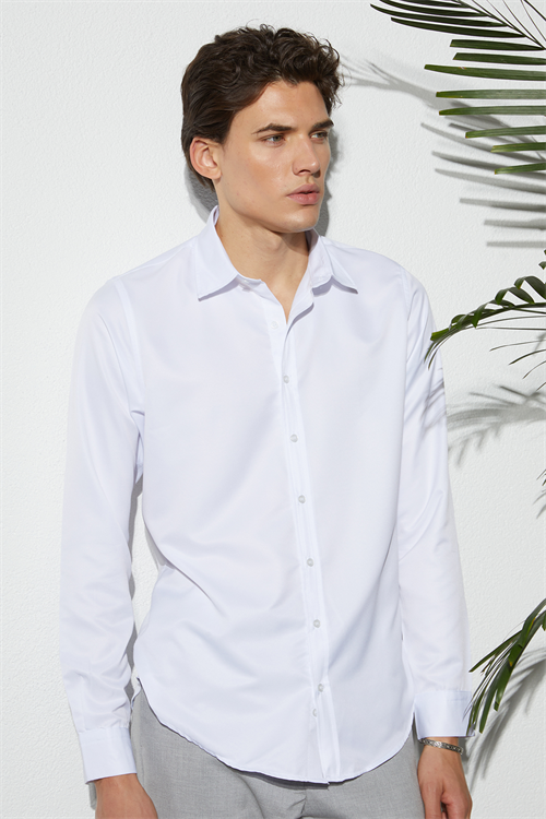 Slim Fit Kolay Ütü Teri Emen Nefes Alan Doku Kravatlık Dört Mevsim  Erkek Gömlek