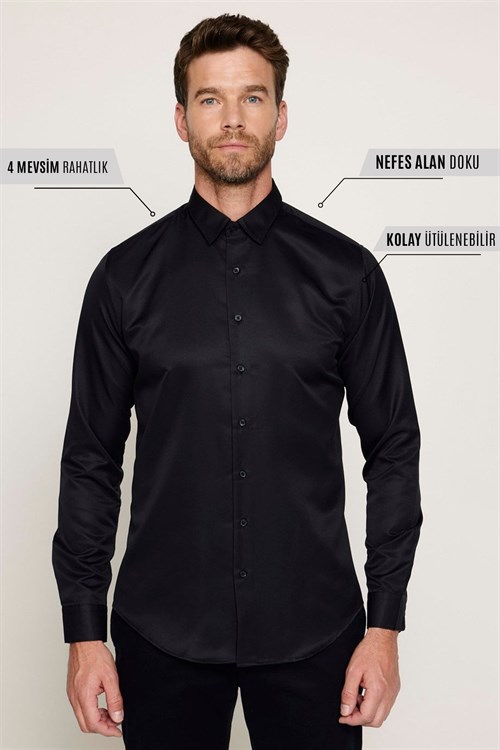 Slim Fit Kolay Ütü Teri Emen Nefes Alan Doku Kravatlık Dört Mevsim  Erkek Gömlek