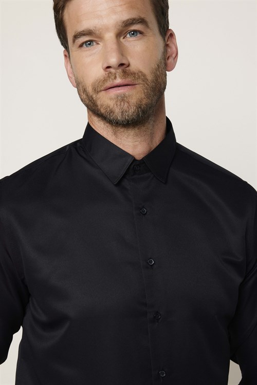 Slim Fit Kolay Ütülenebilir Ter Konforu Sağlayan Kravatlık Yaka Dört Mevsim Siyah Erkek Gömlek