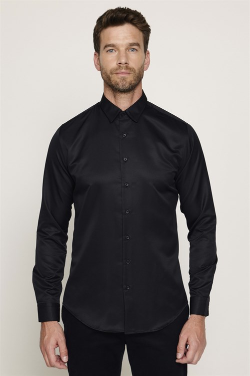 Slim Fit Kolay Ütülenebilir Ter Konforu Sağlayan Kravatlık Yaka Dört Mevsim Siyah Erkek Gömlek