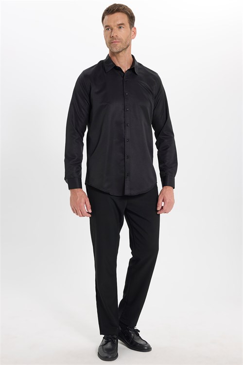 Slim Fit Kolay Ütülenebilir Ter Konforu Sağlayan Kravatlık Yaka Dört Mevsim Siyah Erkek Gömlek