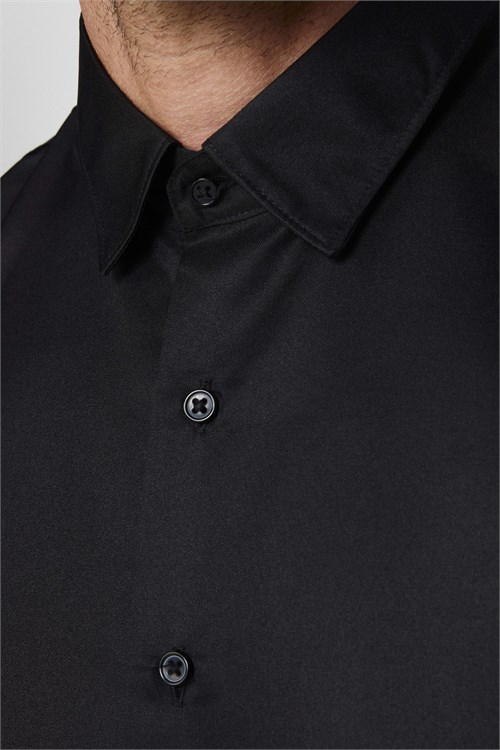 Slim Fit Kolay Ütülenebilir Ter Konforu Sağlayan Kravatlık Yaka Dört Mevsim Siyah Erkek Gömlek