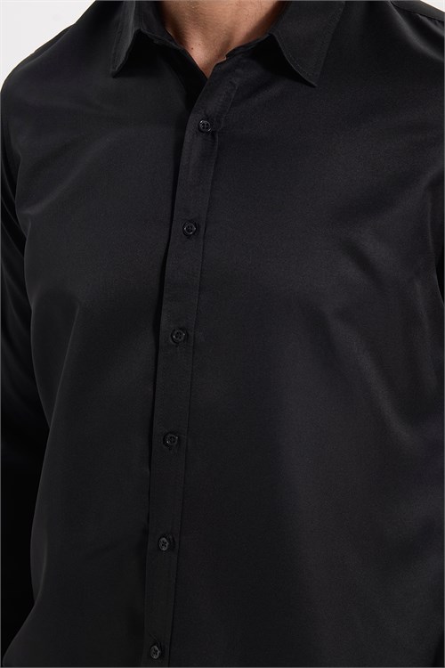 Slim Fit Kolay Ütülenebilir Ter Konforu Sağlayan Kravatlık Yaka Dört Mevsim Siyah Erkek Gömlek
