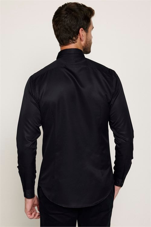 Slim Fit Kolay Ütülenebilir Ter Konforu Sağlayan Kravatlık Yaka Dört Mevsim Siyah Erkek Gömlek