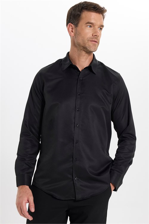 Slim Fit Kolay Ütülenebilir Ter Konforu Sağlayan Kravatlık Yaka Dört Mevsim Siyah Erkek Gömlek
