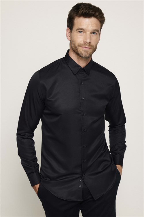 Slim Fit Kolay Ütülenebilir Ter Konforu Sağlayan Kravatlık Yaka Dört Mevsim Siyah Erkek Gömlek