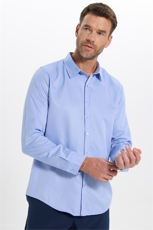 Slim Fit Kolay Ütülenebilir Ter Konforu Sağlayan Kravatlık Yaka Dört Mevsim Mavi Erkek Gömlek