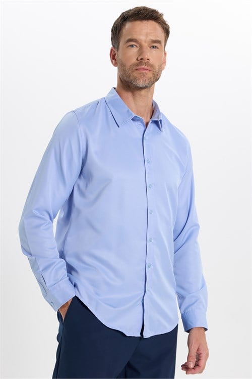 Slim Fit Kolay Ütülenebilir Ter Konforu Sağlayan Kravatlık Yaka Dört Mevsim Mavi Erkek Gömlek