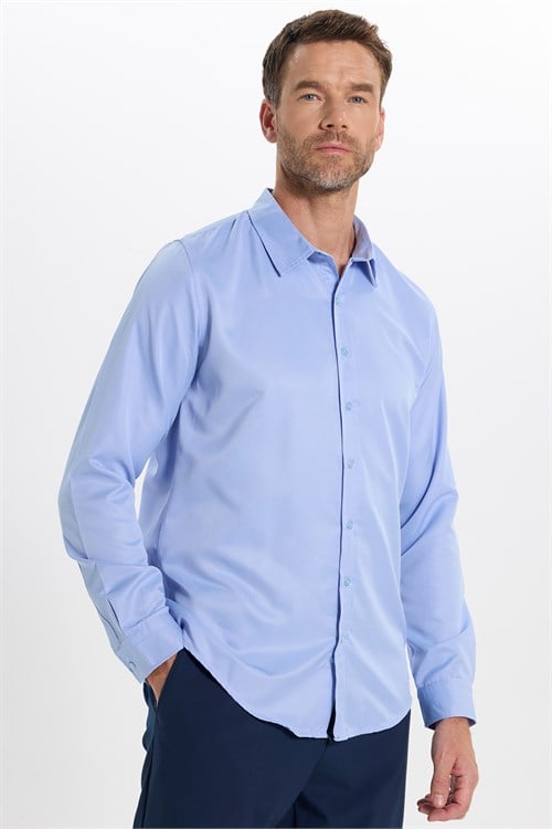 Slim Fit Kolay Ütülenebilir Ter Konforu Sağlayan Kravatlık Yaka Dört Mevsim Mavi Erkek Gömlek