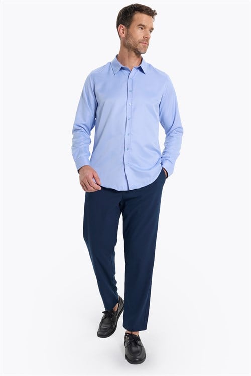 Slim Fit Kolay Ütülenebilir Ter Konforu Sağlayan Kravatlık Yaka Dört Mevsim Mavi Erkek Gömlek
