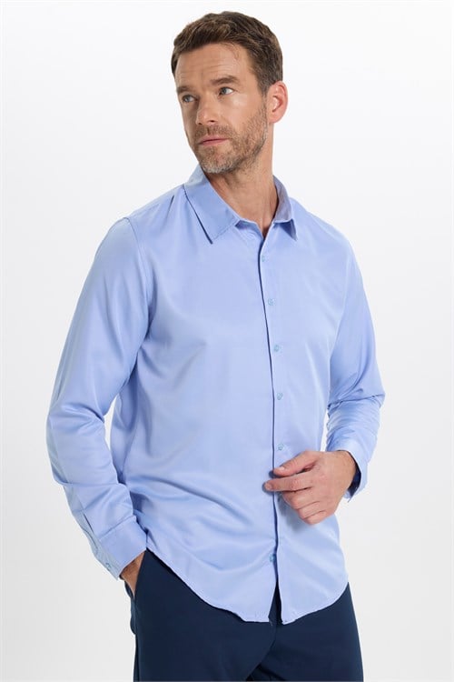 Slim Fit Kolay Ütülenebilir Ter Konforu Sağlayan Kravatlık Yaka Dört Mevsim Mavi Erkek Gömlek