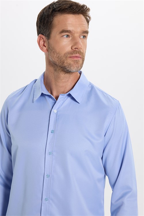 Slim Fit Kolay Ütülenebilir Ter Konforu Sağlayan Kravatlık Yaka Dört Mevsim Mavi Erkek Gömlek