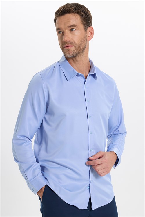Slim Fit Kolay Ütülenebilir Ter Konforu Sağlayan Kravatlık Yaka Dört Mevsim Mavi Erkek Gömlek