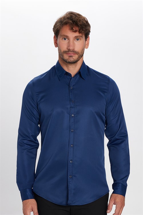 Slim Fit Kolay Ütülenebilir Ter Konforu Sağlayan Kravatlık Yaka Dört Mevsim Lacivert Erkek Gömlek