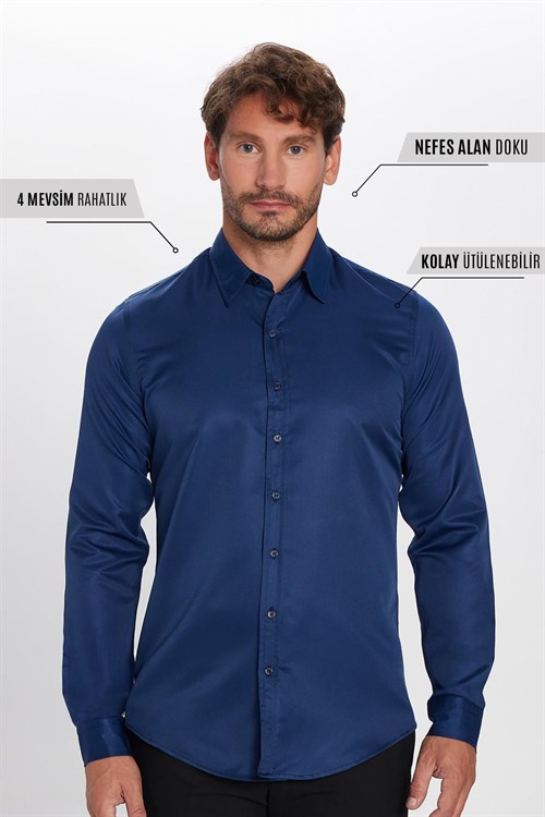 Slim Fit Kolay Ütü Teri Emen Nefes Alan Doku Kravatlık Dört Mevsim  Erkek Gömlek