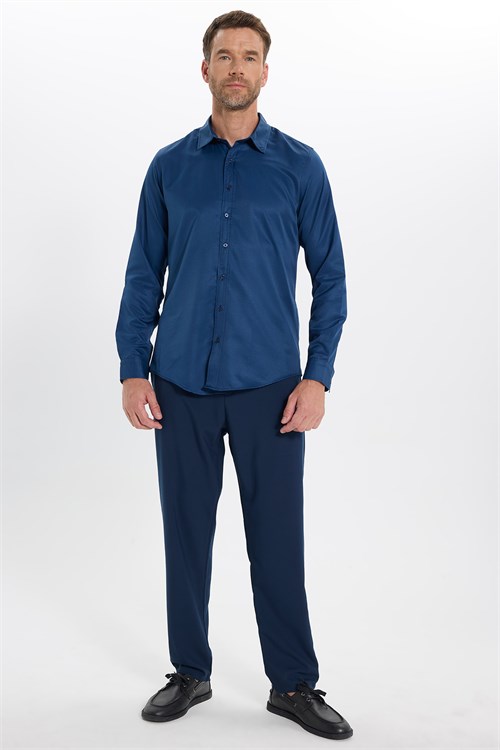 Slim Fit Kolay Ütülenebilir Ter Konforu Sağlayan Kravatlık Yaka Dört Mevsim Lacivert Erkek Gömlek