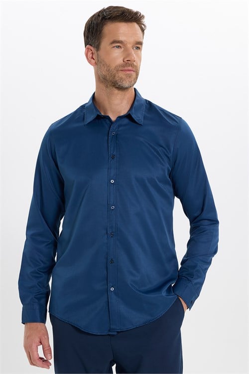 Slim Fit Kolay Ütülenebilir Ter Konforu Sağlayan Kravatlık Yaka Dört Mevsim Lacivert Erkek Gömlek