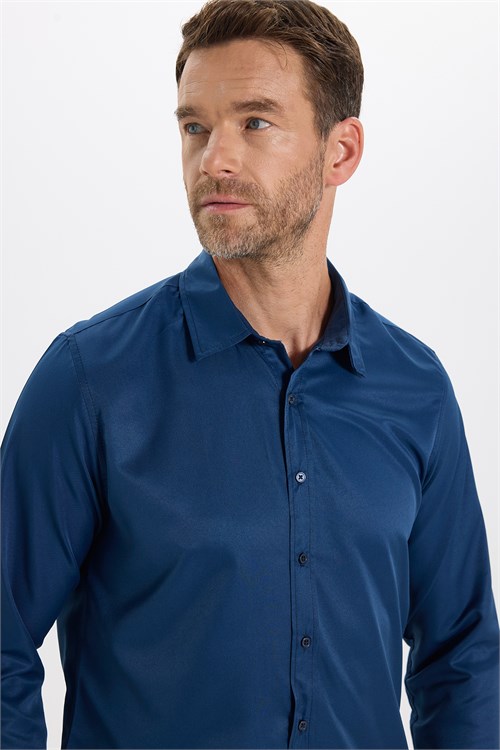 Slim Fit Kolay Ütülenebilir Ter Konforu Sağlayan Kravatlık Yaka Dört Mevsim Lacivert Erkek Gömlek
