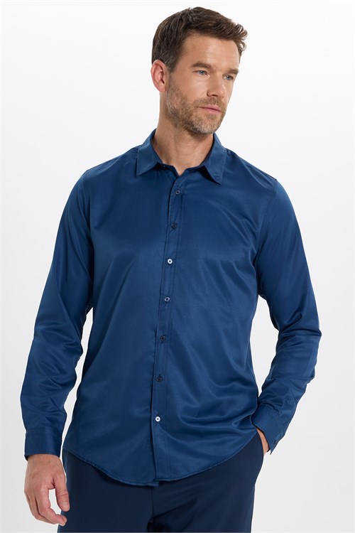 Slim Fit Kolay Ütülenebilir Ter Konforu Sağlayan Kravatlık Yaka Dört Mevsim Lacivert Erkek Gömlek