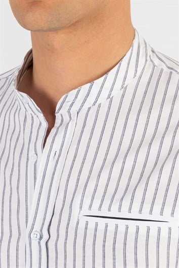Slim Fit Uzun Kollu Hakim Yaka Pamuklu Kolay Ütü Çizgili Erkek Beyaz Gömlek