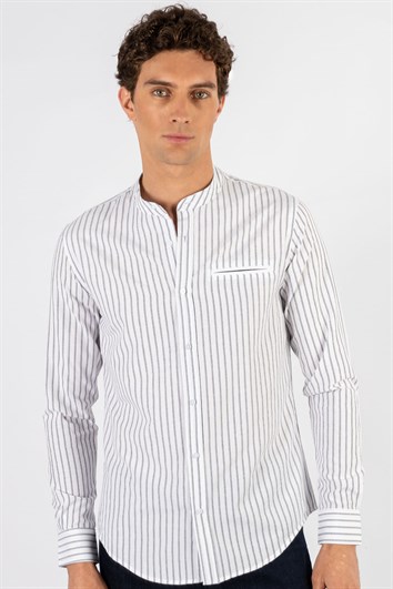 Slim Fit Uzun Kollu Hakim Yaka Pamuklu Kolay Ütü Çizgili Erkek Beyaz Gömlek