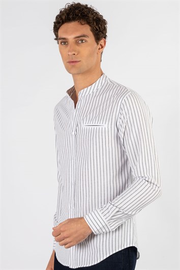 Slim Fit Uzun Kollu Hakim Yaka Pamuklu Kolay Ütü Çizgili Erkek Beyaz Gömlek