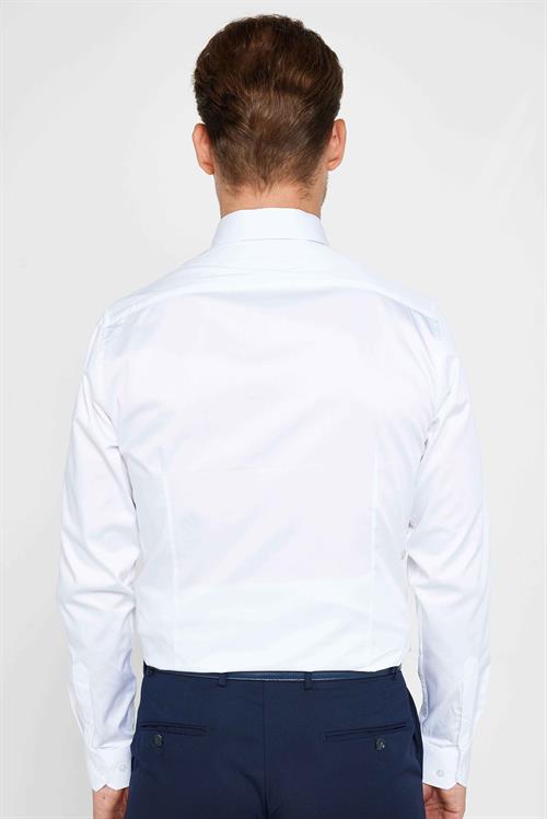 Slım Fıt Uzun Kollu Yüksek Yaka Premium Seri Cotton Saten Beyaz Gömlek