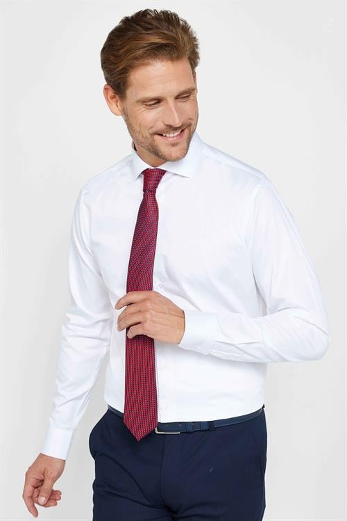 Slım Fıt Uzun Kollu Yüksek Yaka Premium Seri Cotton Saten Beyaz Gömlek