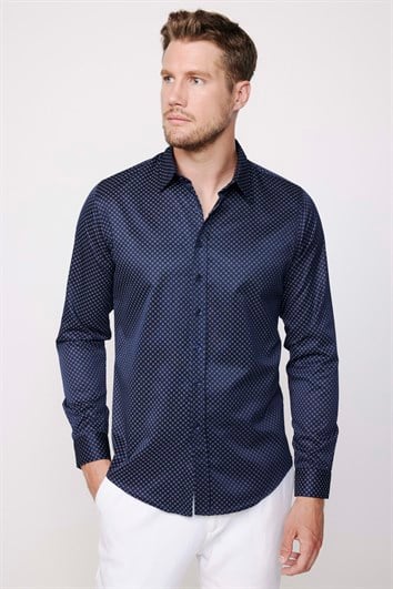 Slim Fit Uzun Kollu Pamuklu Kolay Ütü Desenli Erkek Lacivert Gömlek