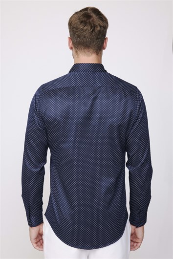 Slim Fit Uzun Kollu Pamuklu Kolay Ütü Desenli Erkek Lacivert Gömlek
