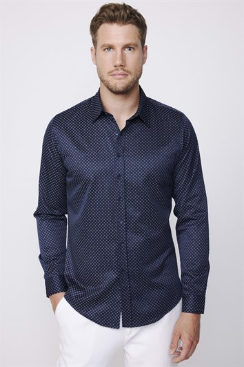 Slim Fit Uzun Kollu Pamuklu Kolay Ütü Desenli Erkek Lacivert Gömlek