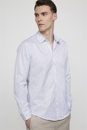 Slim Fit Uzun Kollu Pamuklu Kolay Ütü Desenli Erkek Beyaz Gömlek