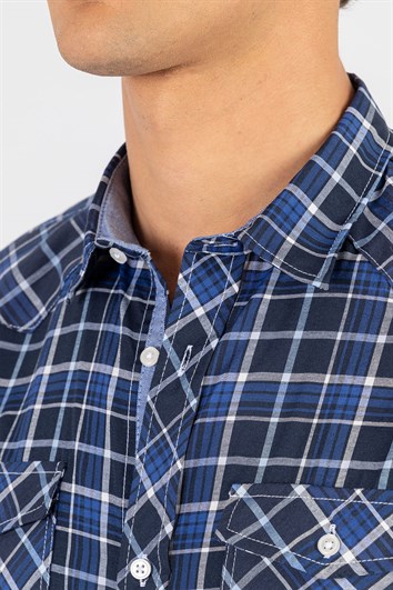 Slim Fit Kısa Kollu Ekose Çift Cep Kapaklı Erkek Gömlek
