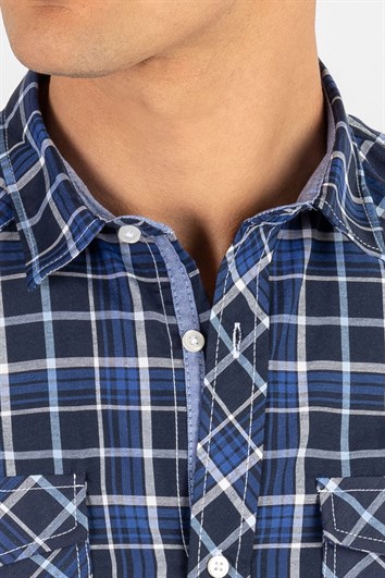 Slim Fit Kısa Kollu Ekose Çift Cep Kapaklı Erkek Gömlek