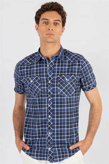 Slim Fit Kısa Kollu Ekose Çift Cep Kapaklı Erkek Gömlek
