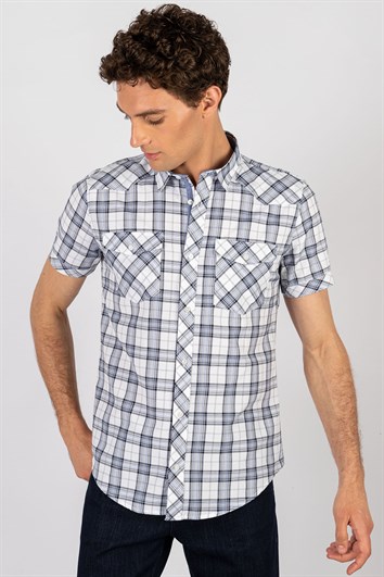 Slim Fit Kısa Kollu Ekose Çift Cep Kapaklı Erkek Gömlek