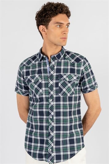 Slim Fit Kısa Kollu Ekose Çift Cep Kapaklı Erkek Gömlek