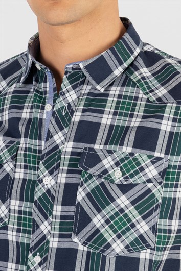 Slim Fit Kısa Kollu Ekose Çift Cep Kapaklı Erkek Gömlek